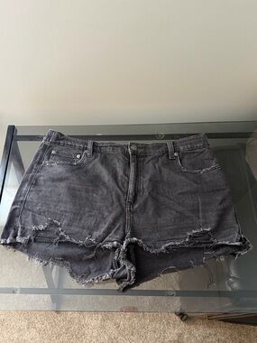 aerie Black Distressed Frayed Hem Denim Shorts